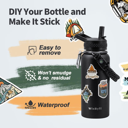WixByti 40 oz Insulated Water Bottle with Straw (Cold for 36 Hrs), Stainless Steel Triple Wall Vacuum Sports Water Jug, Leakproof Hydro Cup Flask with Paracord Handle & Straw Spout Lids & DIY Stickers