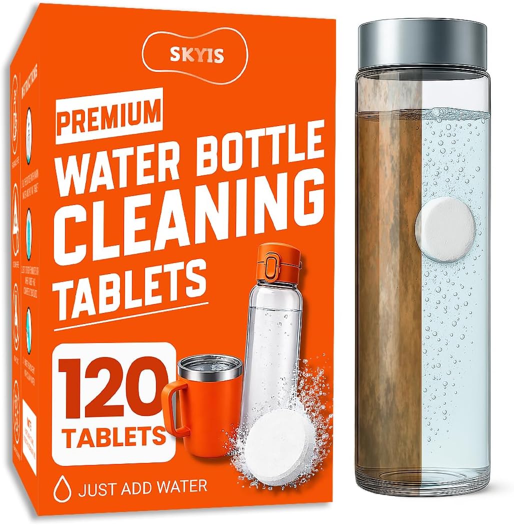 Skyis Water Bottle Cleaning Tablets 120 Pack, Up to 2 Years Supply, No Scrub Bottle Cleaner for Stainless Steel, Tumbler, Hydration Bladder, Coffee Mug, Removes Odor & Stains