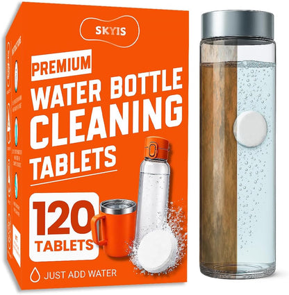Skyis Water Bottle Cleaning Tablets 120 Pack, Up to 2 Years Supply, No Scrub Bottle Cleaner for Stainless Steel, Tumbler, Hydration Bladder, Coffee Mug, Removes Odor & Stains