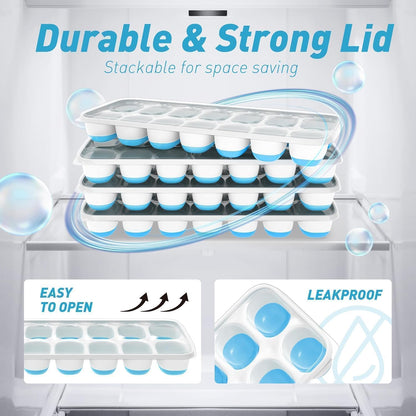 ChefAide 4‑Pack Ice Cube Trays with Lids, 56‑Cube Total Stackable Freezer Ice Trays, Durable Silicone & Plastic Easy‑Release Ice Molds for Cocktails, Coffee & Drinks