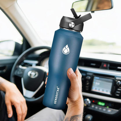 SENDESTAR 40oz Water Bottle Wide Mouth Stainless Steel Vacuum Insulated Double Wall with Straw Lids Fit in Any Car Cup Holder