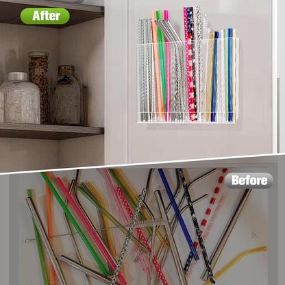 9.6” Large Acrylic Straw Holder for Cabinet Door - 6 compartments, easy to clean, Reusable Tumbler Straw Organizer Storage, Small Kitchen Accessories Container, Ultra Sticky Cupboard Door Mounted