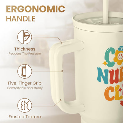 Floral Tumbler with Handle 40oz, Stainless Steel Insulated Tumblers Coffee Travel Mug Cup with Straw, Flower Coffee Cup Gifts for Women Girls, Gift for Her on Christmas Birthday Mothers Day