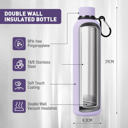 Exllena Slim Insulated Water Bottles for Travel 18oz with Clip, Double Wall Vacuum Stainless Steel Water Bottle Keeps Drinks Cold 24 Hrs/Hot 12 Hrs, 100% Leakproof, BPA Free(Black)