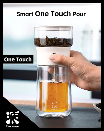 ZENS Modern Glass Infuser Teapot, One Touch Tea Maker for Loose Leaf Tea with Insulated Mug and Portable Case. Enchanted Pot Alternatives for Tea Lover Gifts