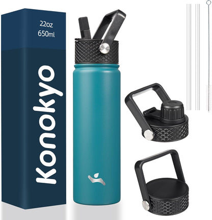 Konokyo 22oz Stainless Steel Bottles with 3 Lids Sport Insulated Water Bottle,Mint