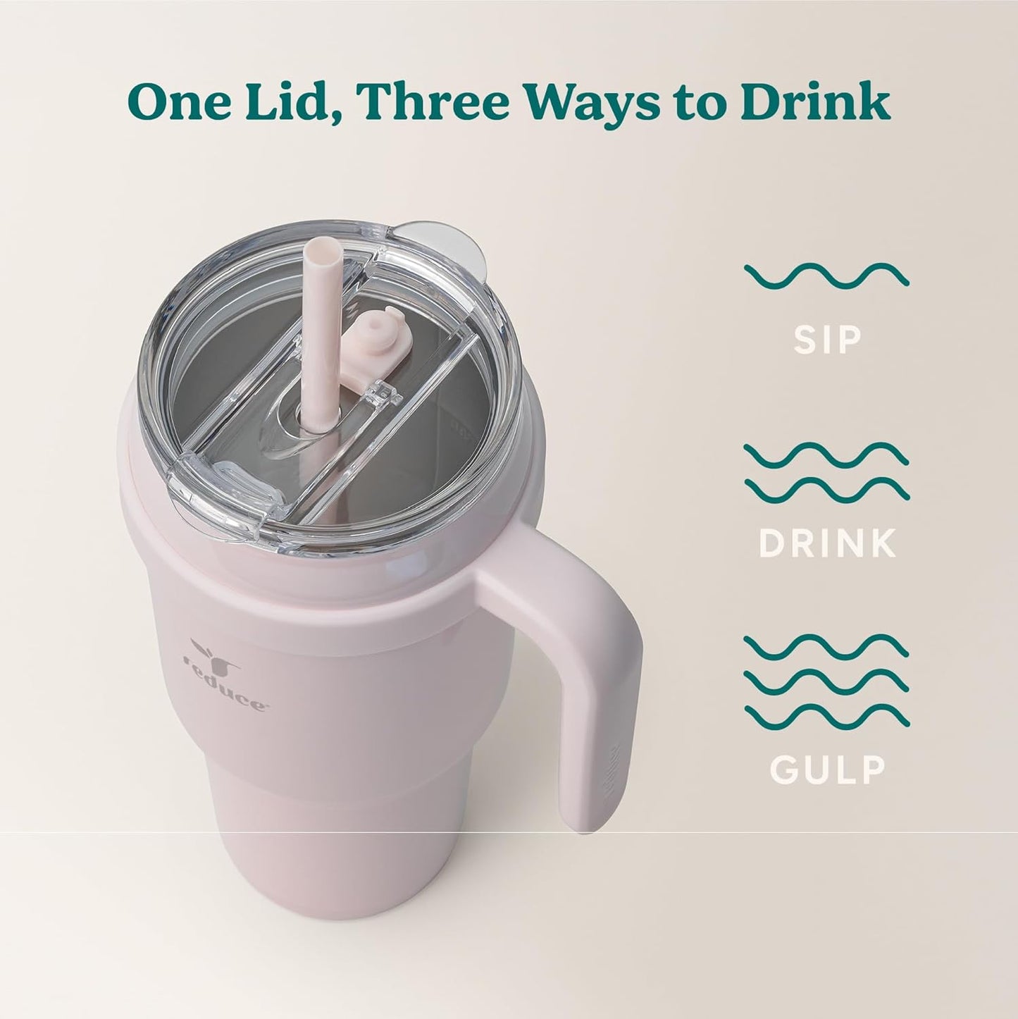 REDUCE 24 oz Stainless Steel Tumbler with Handle - Dual-Wall Vacuum Insulated Travel Mug, Sweat-Proof Lid & Reusable Straw - Keeps Drinks Cold for 24 Hrs, Fits Cupholders, Dishwasher Safe - Lilac Bud