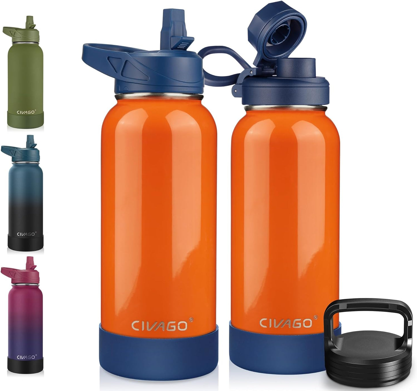 CIVAGO 32 oz Insulated Water Bottle With Straw, Stainless Steel Sports Water Cup Flask with 3 Lids (Straw, Spout and Handle Lid), Wide Mouth Travel Thermal Mug, Black