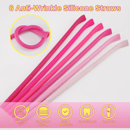 NiHome 6PCS Silicone Anti-Wrinkle Straws Fit for 40oz 30oz Stanley Tumblers w/Brushes, Customizable Length Wrinkle Free Straws for Various Size Cups, No Wrinkle Reusable Straws for Lip (Macaron)