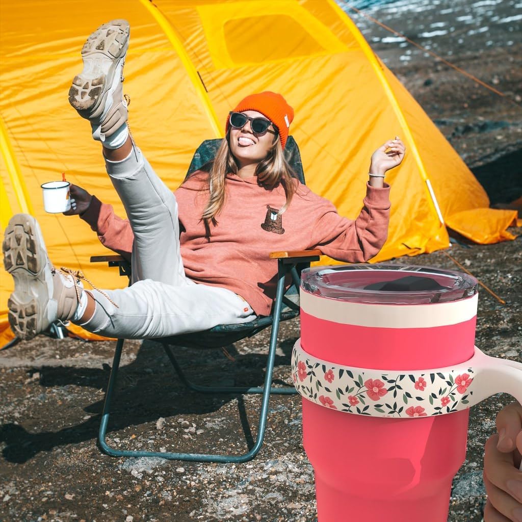 YETI 30 oz Tumbler Handle - Compatible Cup Holder With Anti-Scratch Pink Floral Design for Girls and Women, White, 1 Pack
