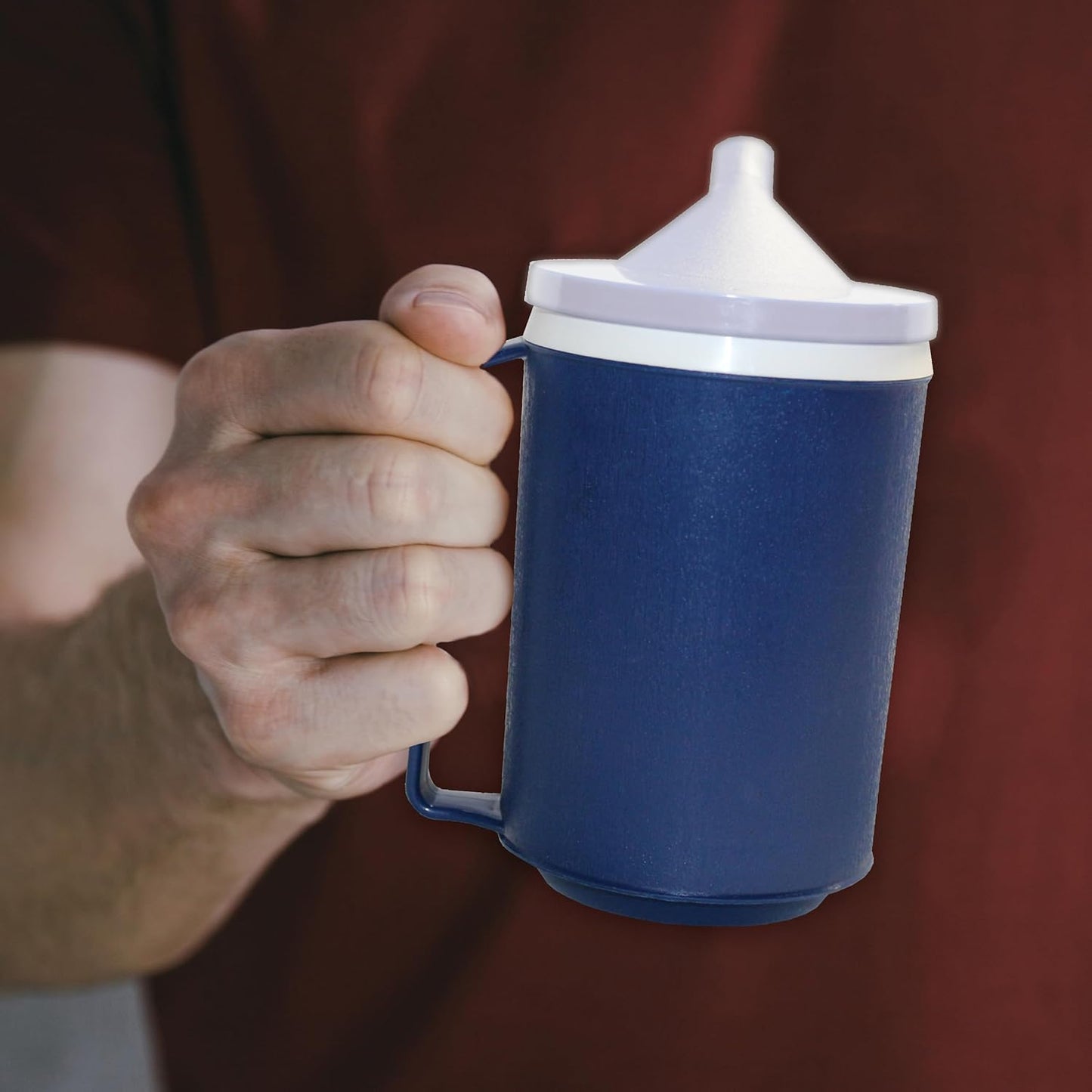 Rehabilitation Advantage Insulated Blue Mug 2-Pack – 12 oz Adaptive Mugs with Easy-Grip Handles, Spill-Resistant Snorkel Lids, Durable Lightweight Plastic for Hot/Cold Drinks & Limited Hand Strength