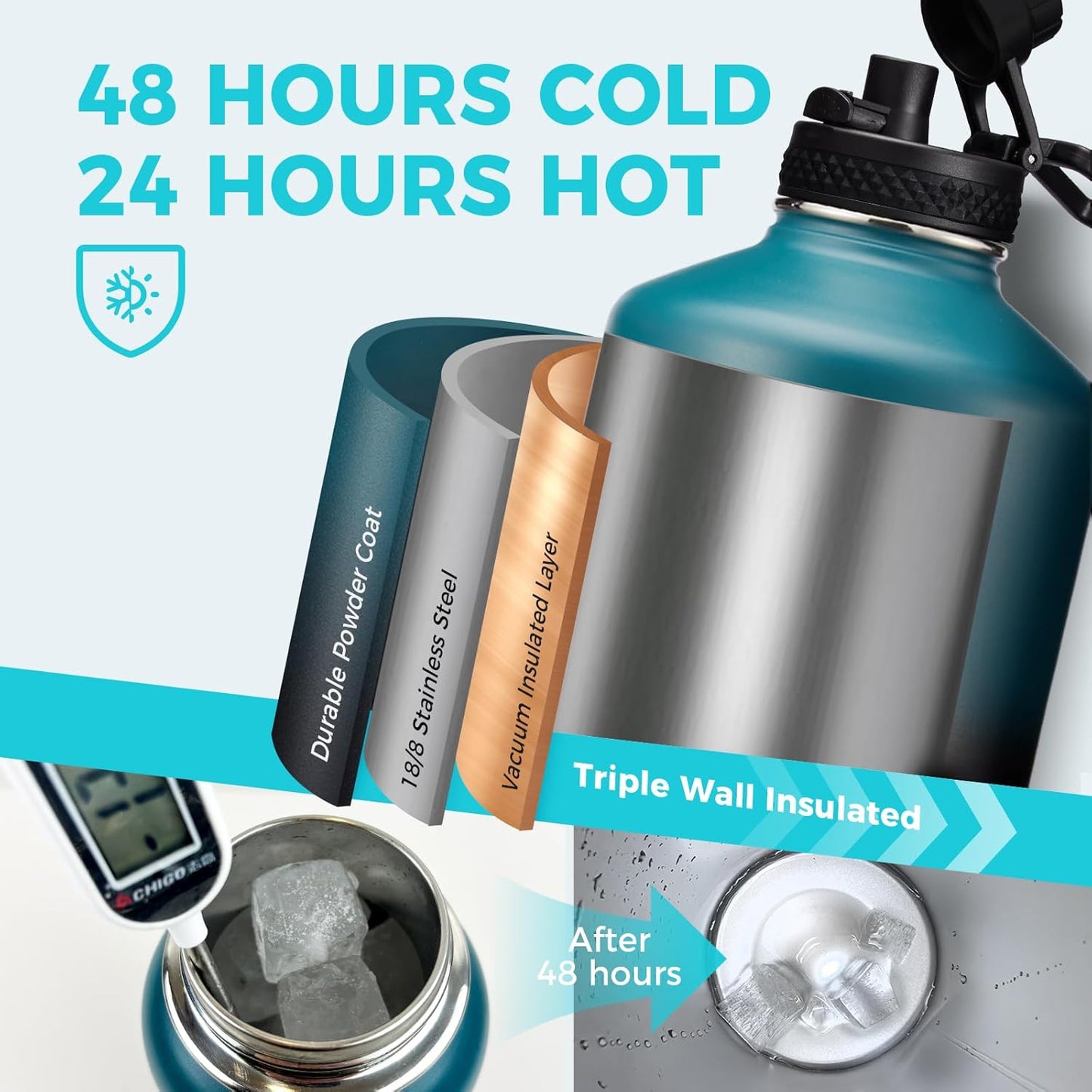 32/40/64OZ Insulated Water Bottle - Keep Cold 48H Hot 24H, Combo Straw/Spout Lids, Paracord Handle for Gym/Hiking, Carrier Bag +Strap, Cup Mat, BPA-Free Stainless Steel Flask Jug
