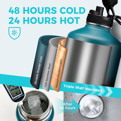 32/40/64OZ Insulated Water Bottle - Keep Cold 48H Hot 24H, Combo Straw/Spout Lids, Paracord Handle for Gym/Hiking, Carrier Bag +Strap, Cup Mat, BPA-Free Stainless Steel Flask Jug