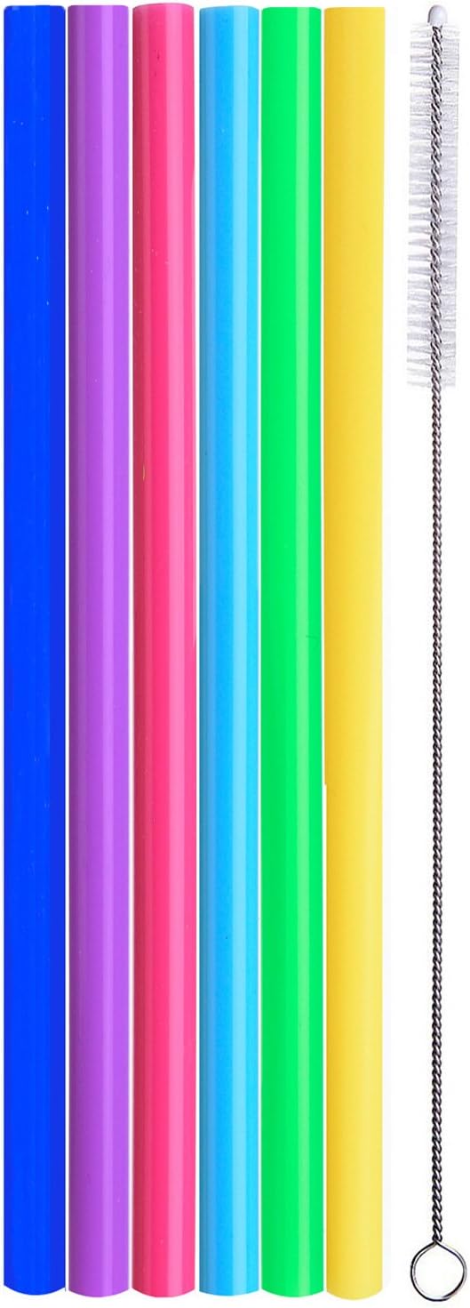 ALINK Reusable Silicone Smoothie Straws, 12” Extra Long Flexible Half Gallon Replacement Straws for Tall Travel Mug, 32 oz 40 oz YETI/RTIC Tumbler, Set of 6 with Brush