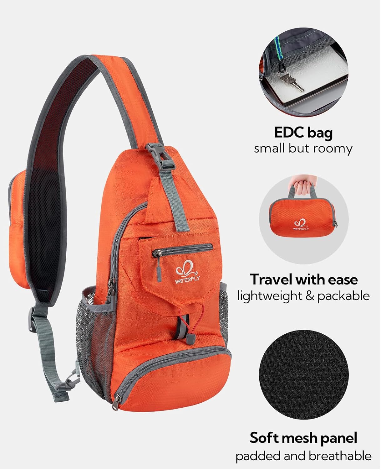 WATERFLY Packable Small Crossbody Sling Backpack Shoulder Chest Bag Daypack for Hiking Traveling