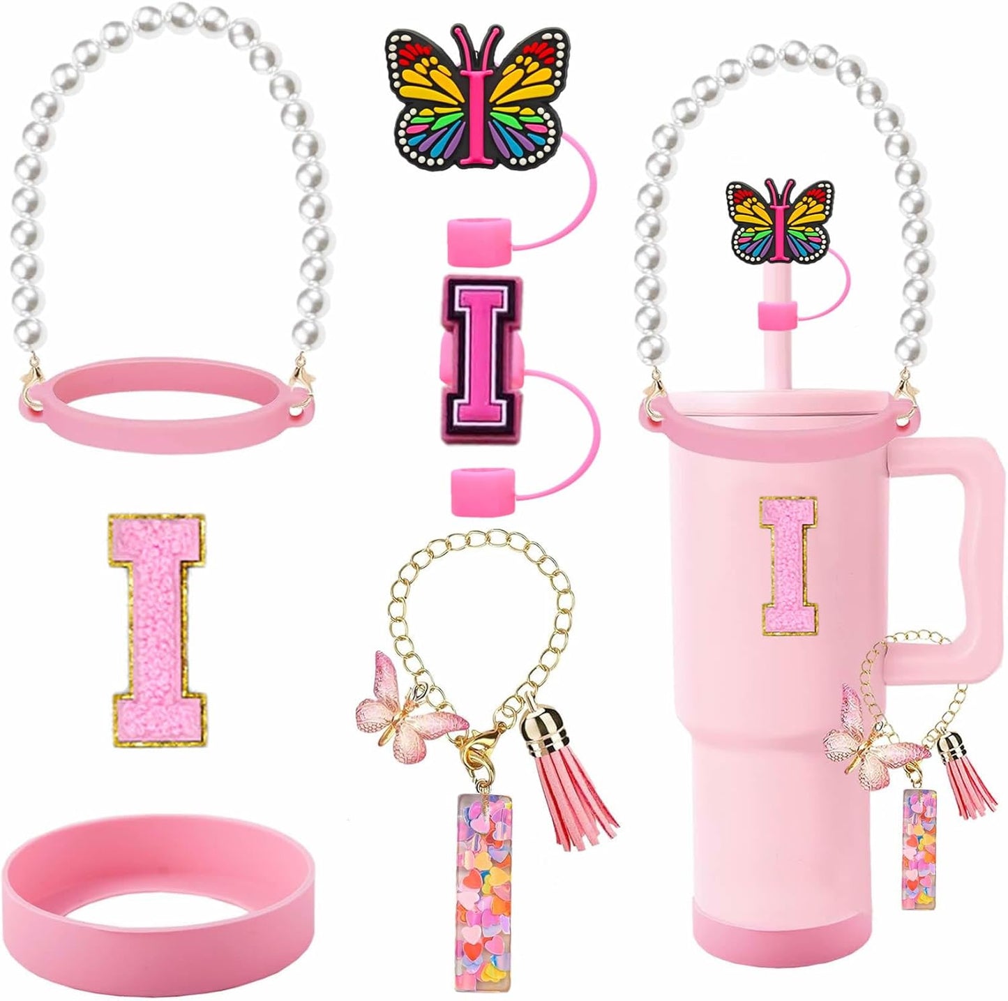7pcs Cup Accessories for Stanley 30/40oz Tumbler, Handle Strap, Straw Cover, Silicone Boot, Letter Charm Stickers