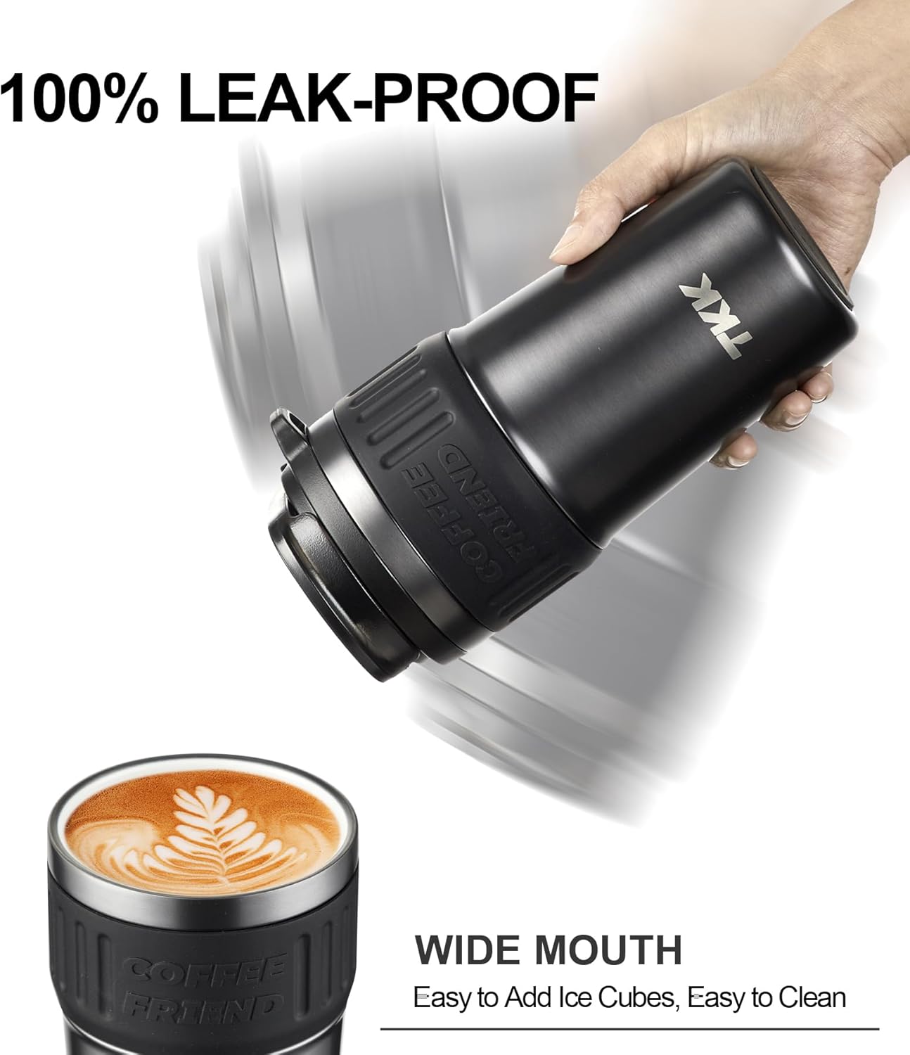 TKK Insulated Coffee Mug with Ceramic Coating, 21oz Iced Coffee Tumbler Cup with Straw Lid Double Wall Vacuum Leak Proof Travel Mug with Strap for Hot and Iced Beverage, Tungsten Steel