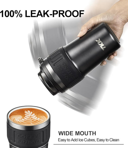 TKK Insulated Coffee Mug with Ceramic Coating, 21oz Iced Coffee Tumbler Cup with Straw Lid Double Wall Vacuum Leak Proof Travel Mug with Strap for Hot and Iced Beverage, Tungsten Steel