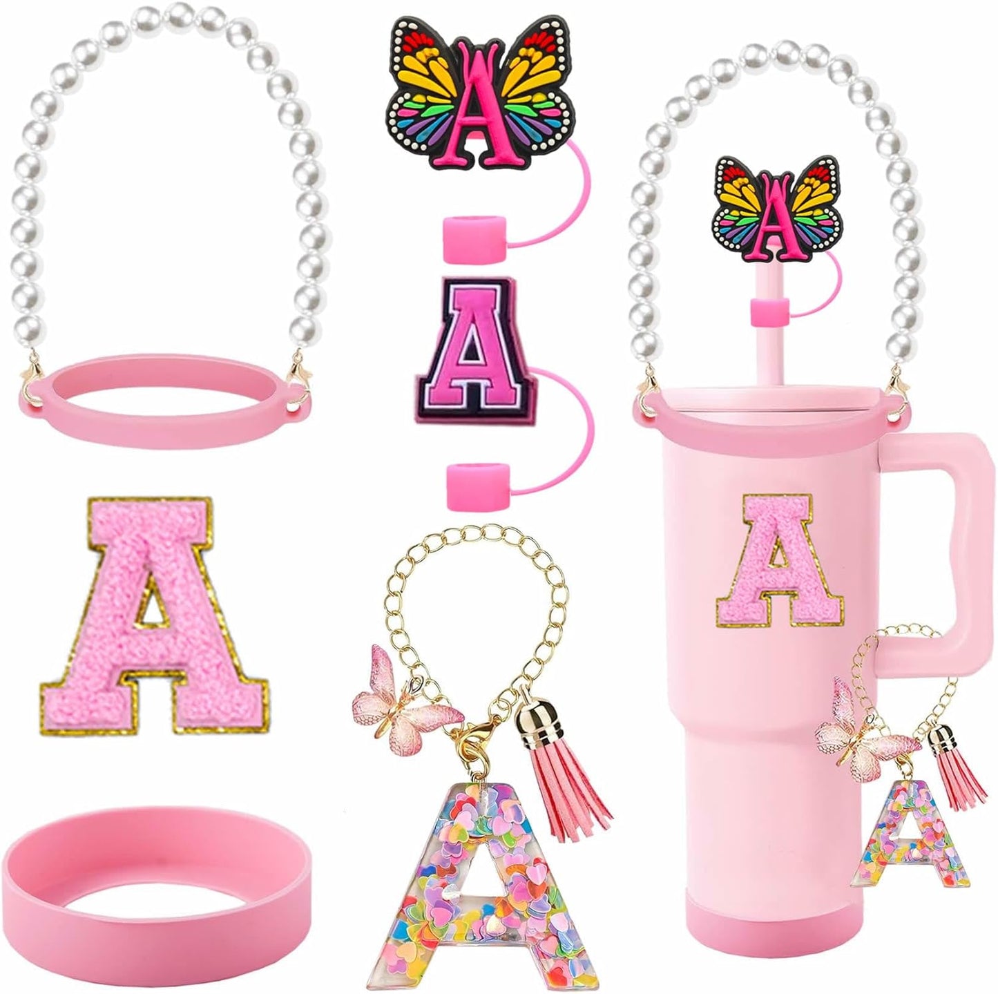 7pcs Cup Accessories for Stanley 30/40oz Tumbler, Handle Strap, Straw Cover, Silicone Boot, Letter Charm Stickers