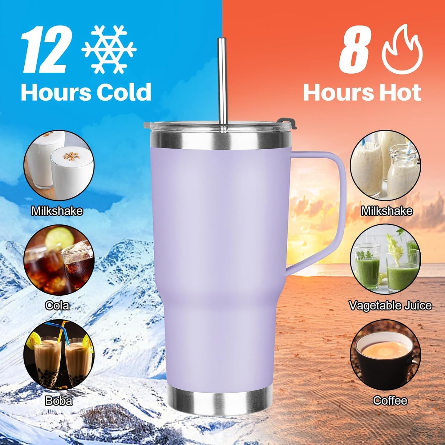 20 oz Tumbler with Handle, Stainless Steel Insulated Tumbler with Lid and Straw, Double Wall Vacuum Coffee Mug Tumbler, Insulated Coffee Thermal Cup for Cold and Hot (Light Purple)