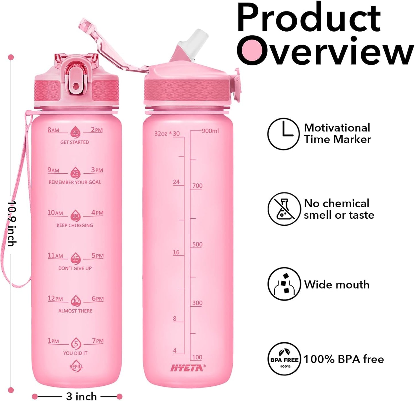 Hyeta 32oz Water Bottles with Straw - Stay Motivated and Hydrated with Convenient Times to Drink Markings, Durable, Leak-proof