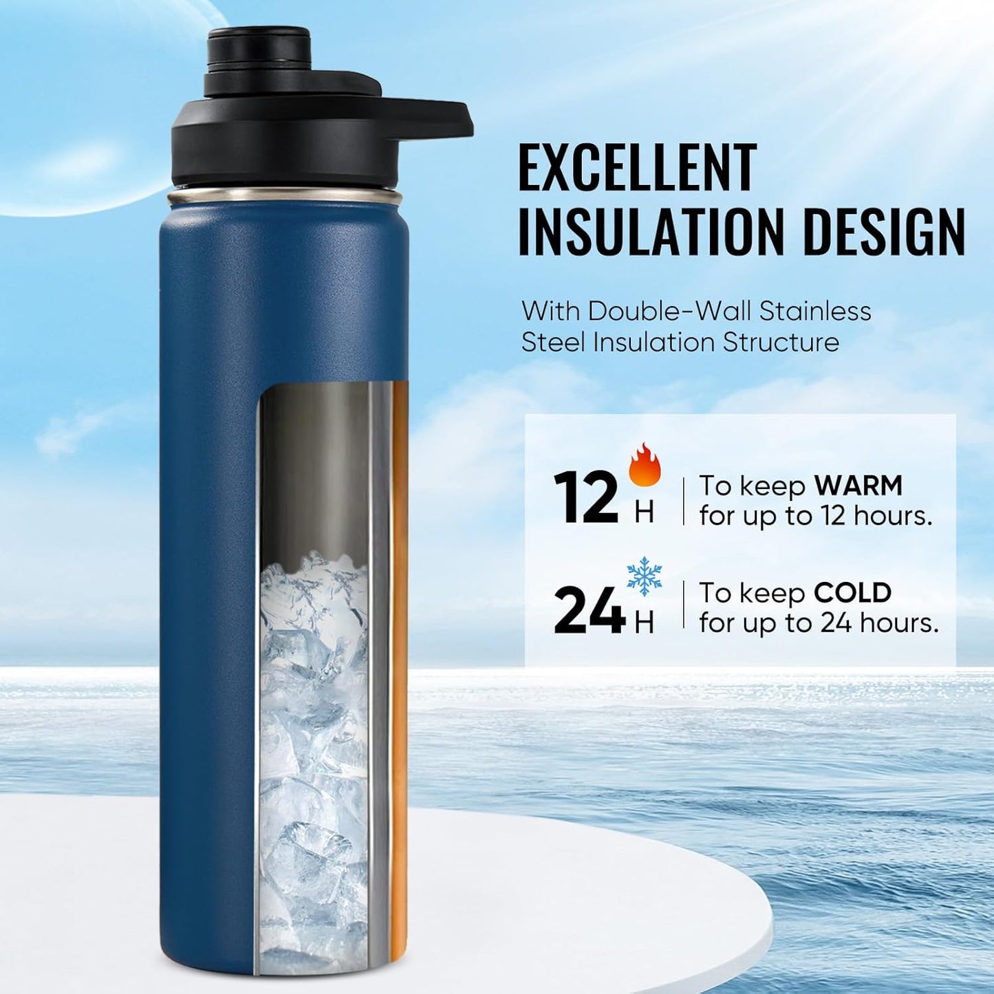 Fijinhom 24 oz Insulated Water Bottle with Handle, 304 Stainless Steel Water Bottles with Wide Mouth, Double Wall Vacuum Sports Water Bottle, BPA Free, Keep Cold and Hot, Black | with Handle