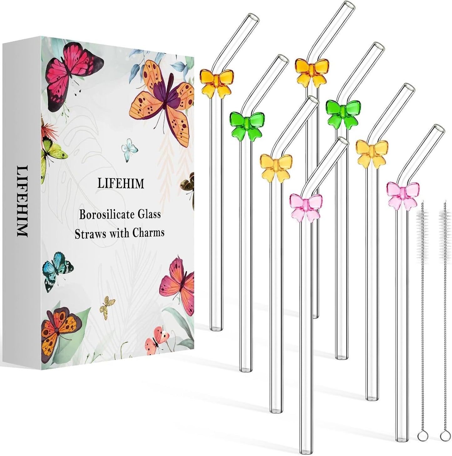 Borosilicate Glass Straws for 16 oz Tumbler, 9 inch 8mm BPA Free, Reusable Drinking Straws Clear Bent Skinny for Iced Coffee and Hot Drinks