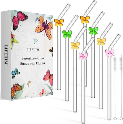 Borosilicate Glass Straws for 16 oz Tumbler, 9 inch 8mm BPA Free, Reusable Drinking Straws Clear Bent Skinny for Iced Coffee and Hot Drinks