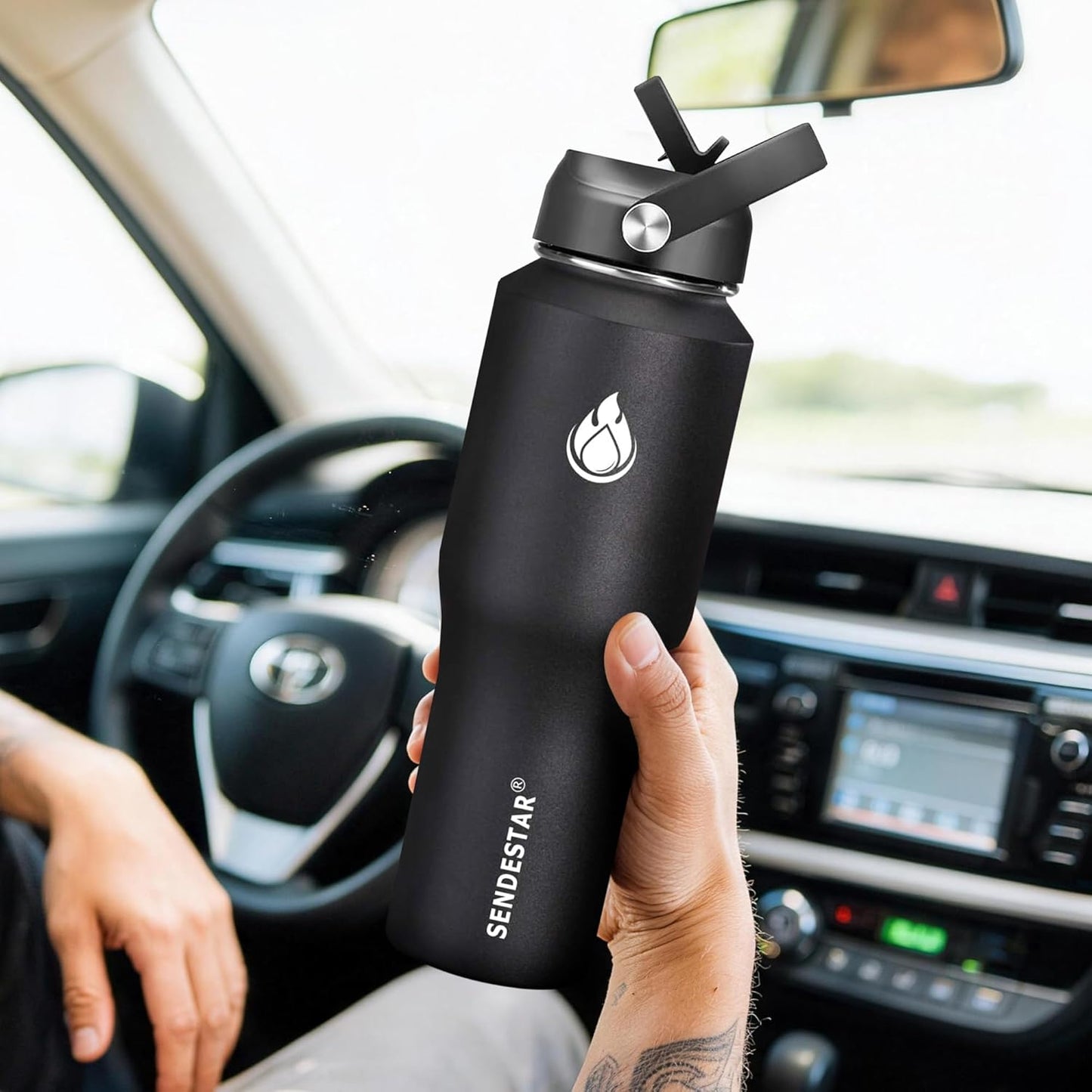 SENDESTAR 40oz Water Bottle Wide Mouth Stainless Steel Vacuum Insulated Double Wall with Straw Lids Fit in Any Car Cup Holder