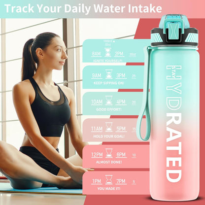 QLUR Water Bottle with Straw, 32oz Motivational Water Bottles with Time Marker to Drink, Tritan BPA Free, 1L Sports Water Bottle with Carry Strap LeakProof for Women Gym Fitness Outdoor (1 Pack)