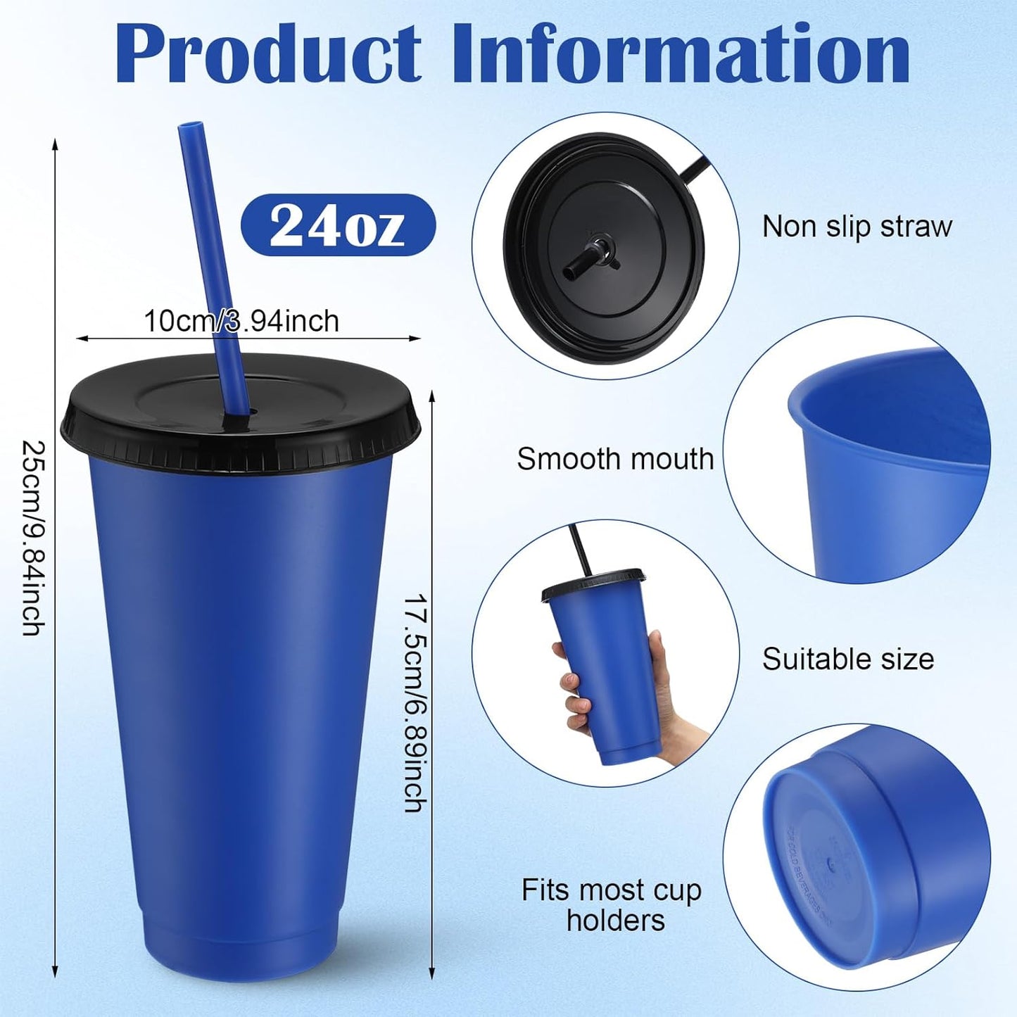 Honeydak 15 Pack Tumbler with Straw and Lid Bulk Cups for Gifts Water Bottle Iced Coffee Travel Mug Cup Reusable Plastic Tumblers for Party Birthdays 24-27 oz (Solid Color)
