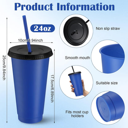 Honeydak 15 Pack Tumbler with Straw and Lid Bulk Cups for Gifts Water Bottle Iced Coffee Travel Mug Cup Reusable Plastic Tumblers for Party Birthdays 24-27 oz (Solid Color)