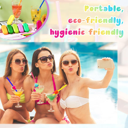 Irenare 20 Sets Silicone Straws with Case Reusable Collapsible Foldable Travel Portable Straw Cold or Hot Drinking with Carry Case, Long Cleaning Brush and Keychain, 10 Colors(Classic)