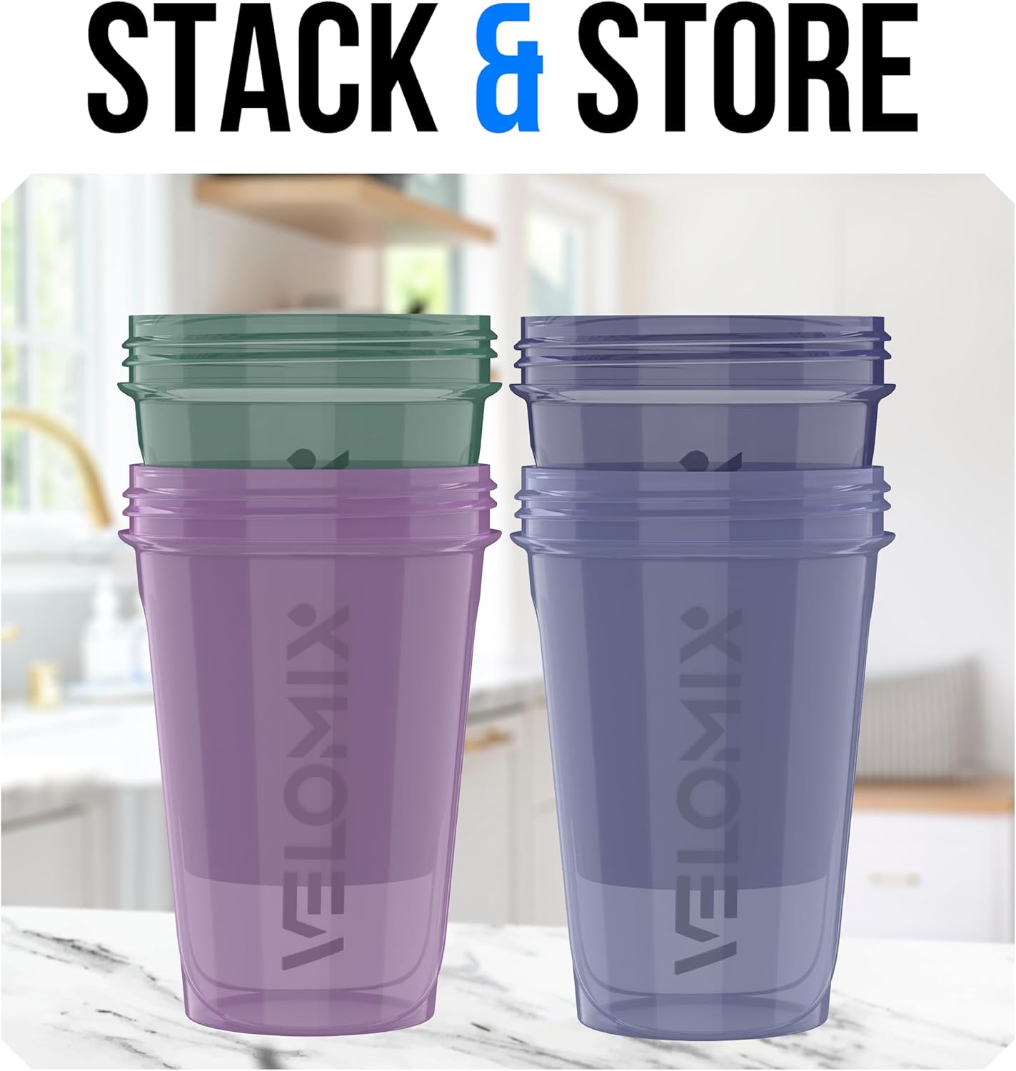 VELOMIX -4 PACK- 20 OZ Protein Shaker Bottle for Protein Mixes - 4x Wire Whisk | Leak Proof Shaker Cups for Protein Shakes | Stackable Protein Shaker Bottle Pack | Dishwasher Safe (Berry Blend)