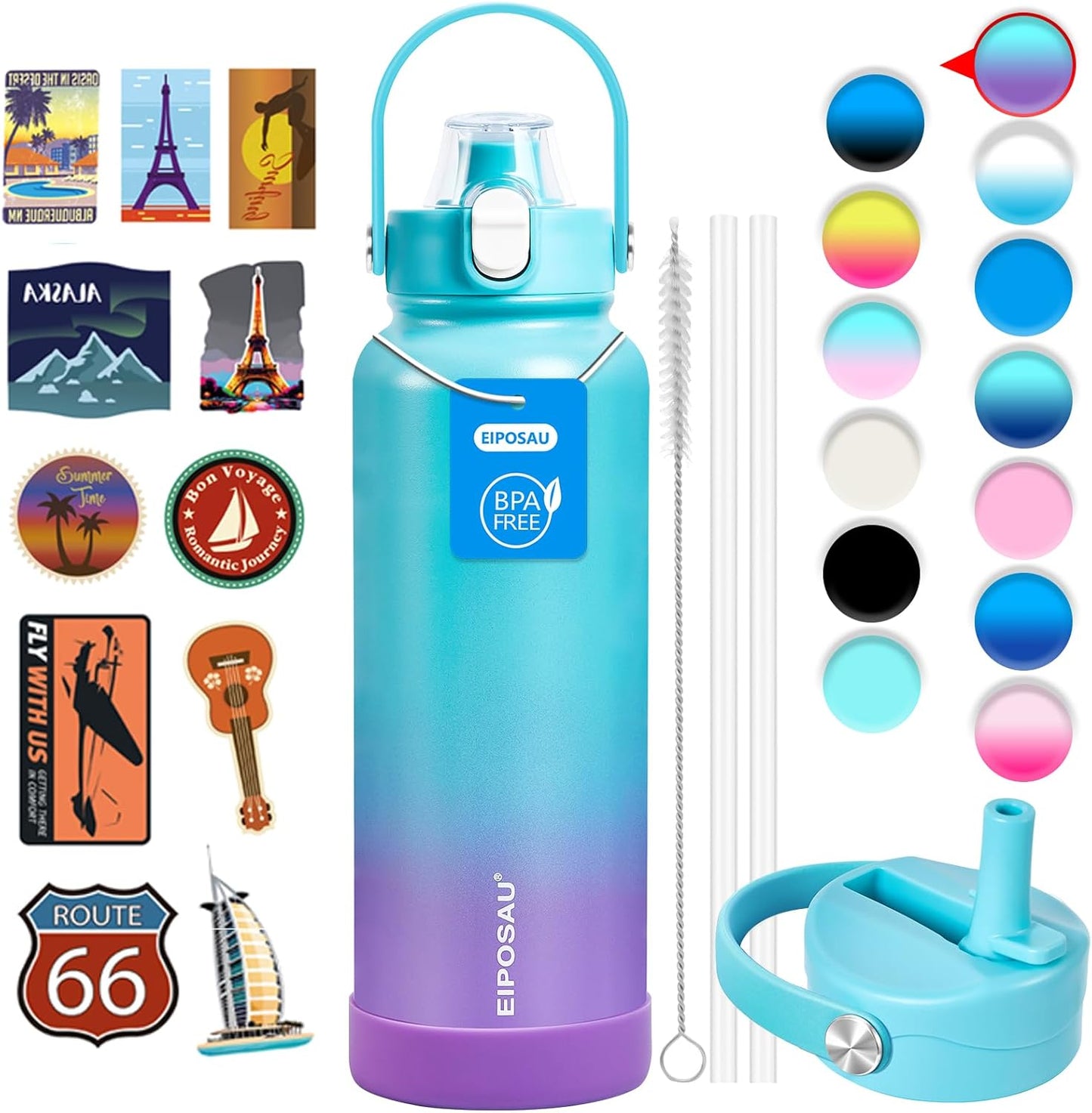 Insulated Water Bottle with Lid & Boot & Stickers, 24 oz Stainless Steel Sweat Free Bottle Keep Cold 24H, BPA-Free Sports Wide Mouth Water Bottle, BlueBlack