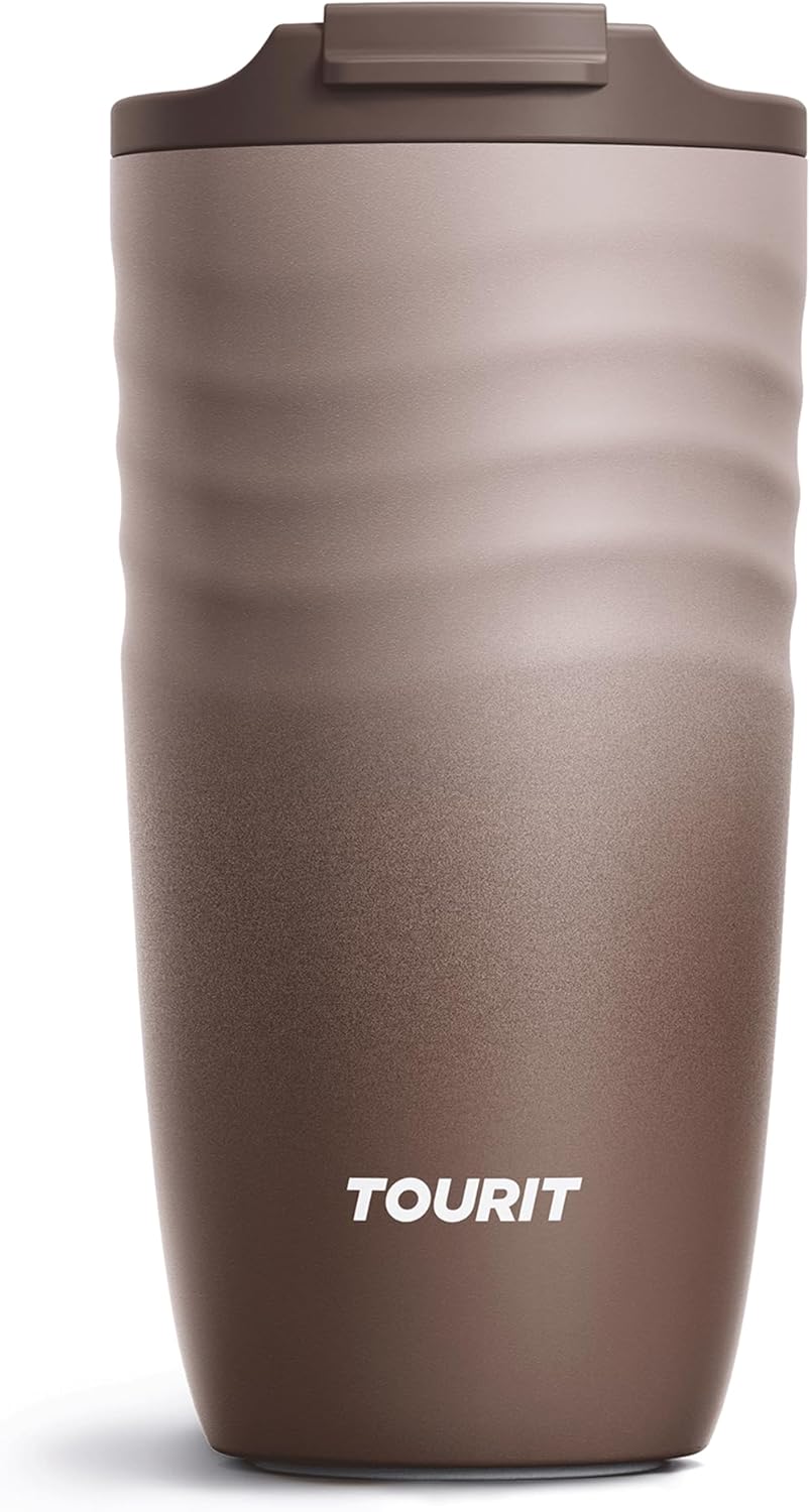 TOURIT 16 oz Travel Coffee Mug, Vacuum Insulated Stainless Steel Tumbler with Ripple-Wave Anti-Slip Grip, Built-in Silicone Bottom for Quiet & Stable, Leak-Proof Lid, Fits Car Cup Holder, Khaki