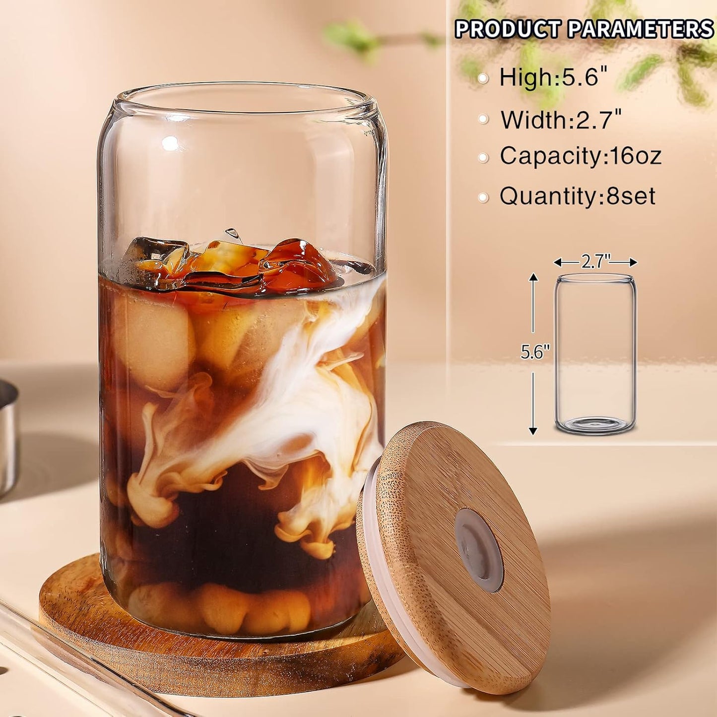 DWTS DANWEITESI Glass Cups with Lids and Straws 4 pcs,16oz Drinking Glasses Set for Coffee Bar Accessories,Iced Coffee Cups with Lids,Matcha Cup Glass Tumbler Reusable for Gifts