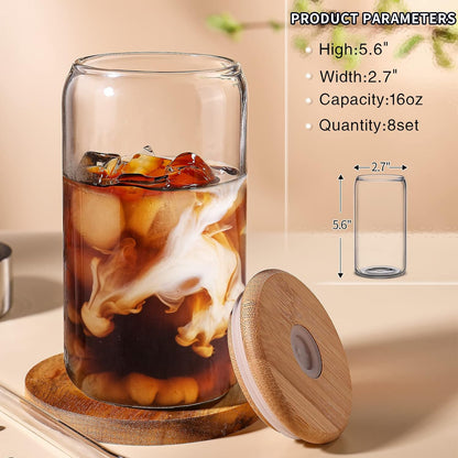 DWTS DANWEITESI Glass Cups with Lids and Straws 4 pcs,16oz Drinking Glasses Set for Coffee Bar Accessories,Iced Coffee Cups with Lids,Matcha Cup Glass Tumbler Reusable for Gifts