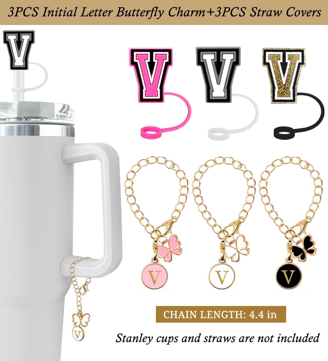 （3 +3) 3PCS Nuozme Straw Cover 10mm For Stanley Tumbler Cup Reusable Straw Cap Topper with 3 Initial Letter Charms Accessories Name ID Personalized Handle Charm For Stanley 30&40 Oz Cup Tumbler - Colors A