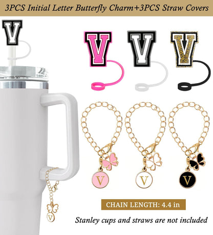 （3 +3) 3PCS Nuozme Straw Cover 10mm For Stanley Tumbler Cup Reusable Straw Cap Topper with 3 Initial Letter Charms Accessories Name ID Personalized Handle Charm For Stanley 30&40 Oz Cup Tumbler - Colors A