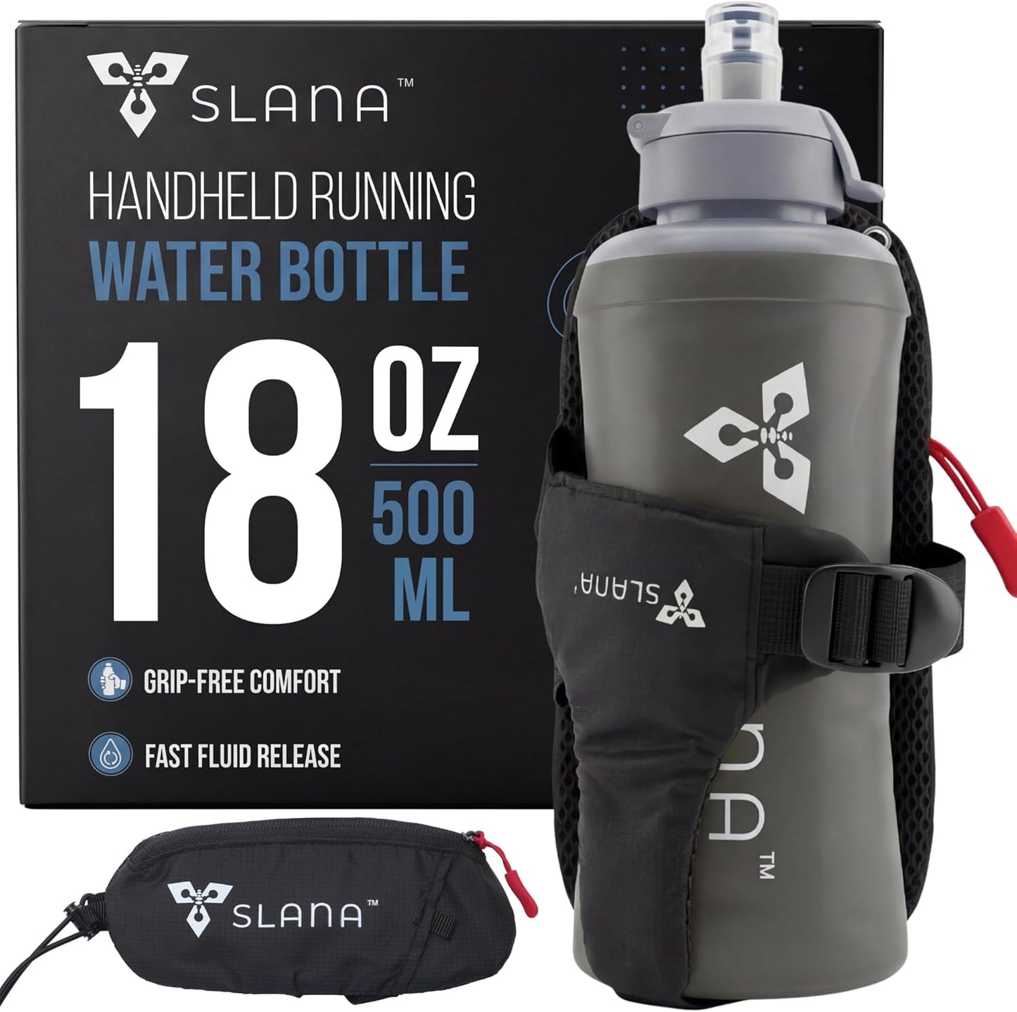 Handheld Running Water Bottle 18 oz – Grip-Free Collapsible Water Bottles for Running with Adjustable Strap & Thumbhole, Expandable Phone Pocket, Race Cap for One-Hand Drinking