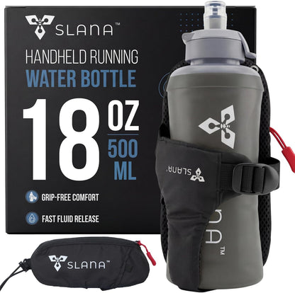 Handheld Running Water Bottle 18 oz – Grip-Free Collapsible Water Bottles for Running with Adjustable Strap & Thumbhole, Expandable Phone Pocket, Race Cap for One-Hand Drinking