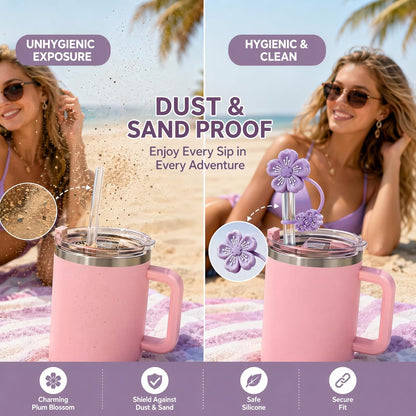 BTYHAOS Silicone Straw Caps for 10mm Tumblers | Reusable Dust-Proof Straw Toppers Compatible with Stanley 30oz & 40oz Tumblers (Purple Flower 3pc)