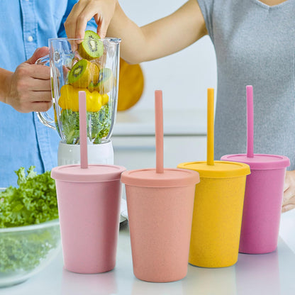 Mfacoy 4 Pack Wheat Straw Cups with Lid and Straws, 10 oz Unbreakable Kids Cup, Reusable Drinking Cups, Small Water Cup, Colourful Tumbler Cups for Kitchen, BPA Free, Dishwasher & Microwave Safe