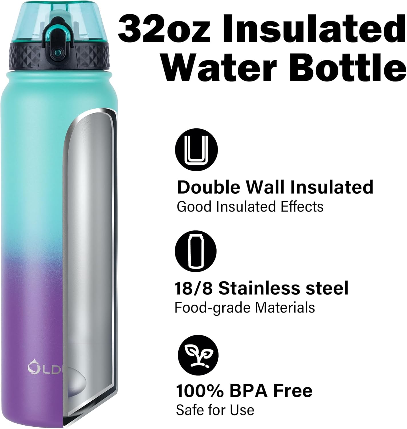 Oldley Insulated Water Bottle 20oz for Adults Kids Stainless Steel Water Bottles with Straw/Chug/Carabiner 3 Lids Fruit Strainer Double Wall Vacuum Wide Mouth BPA Free Leak-Proof for School Travel