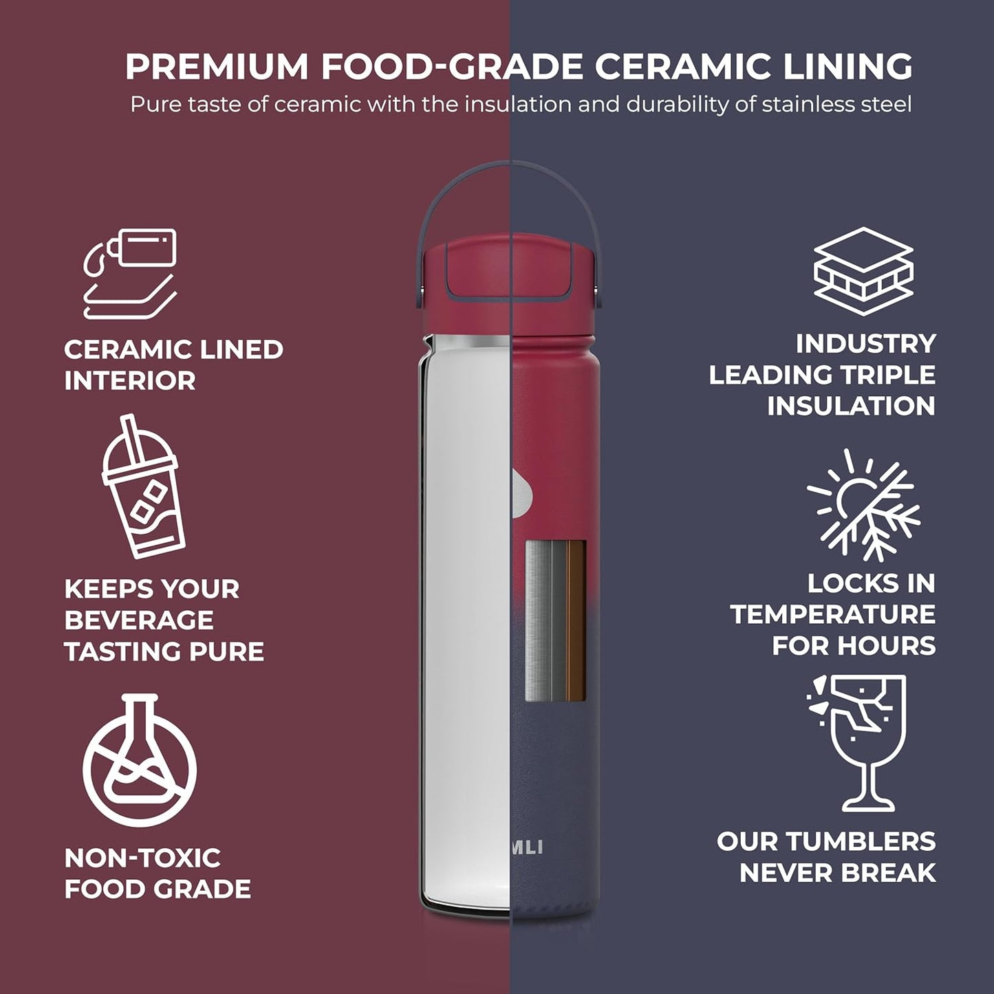 22 oz Ceramic Lined Tea Infuser Travel Tumbler, Micro-Mesh Stainless Steel Infuser, Pure Taste Ceramic Interior, Triple Insulated 12hr Hot Cold, Dual Sip & Straw Lid, Scratch-Resistant