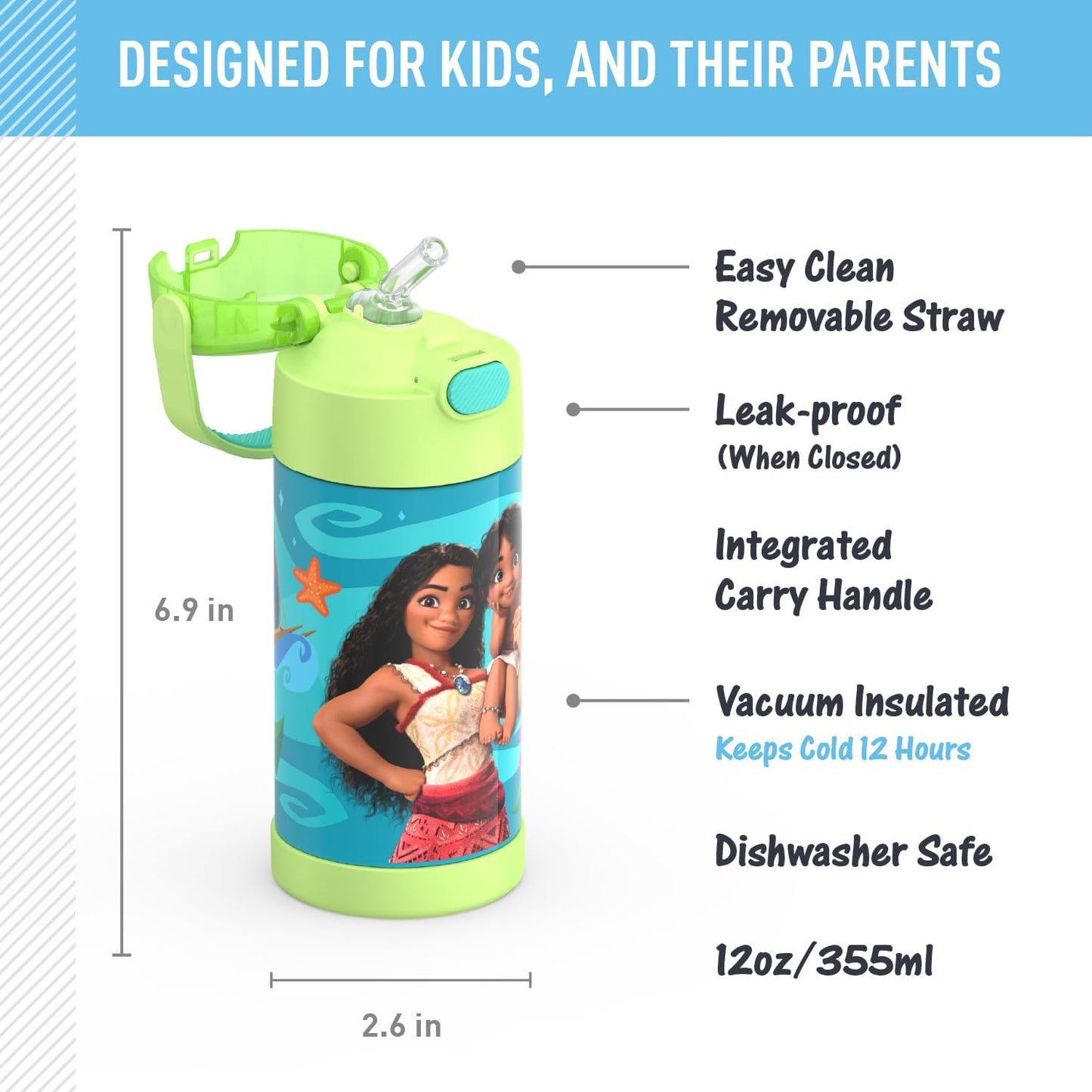 THERMOS FUNTAINER Water Bottle with Straw - 12 Ounce - Kids Stainless Steel Vacuum Insulated Water Bottle with Lid, Bluey - Colors B