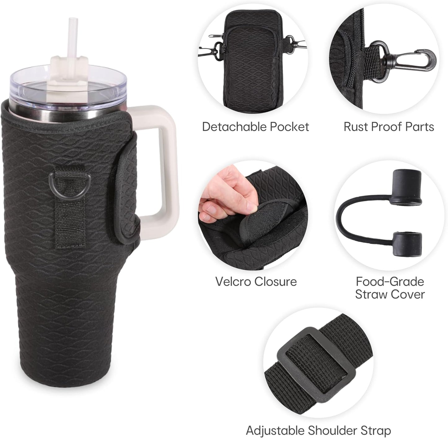 &And Per Se Water Bottle Shoulder Bag with Phone Pocket, Compatible with Stanley 30oz Tumblers - Neoprene Carrier with Adjustable Strap & Charm Accessory (Black)