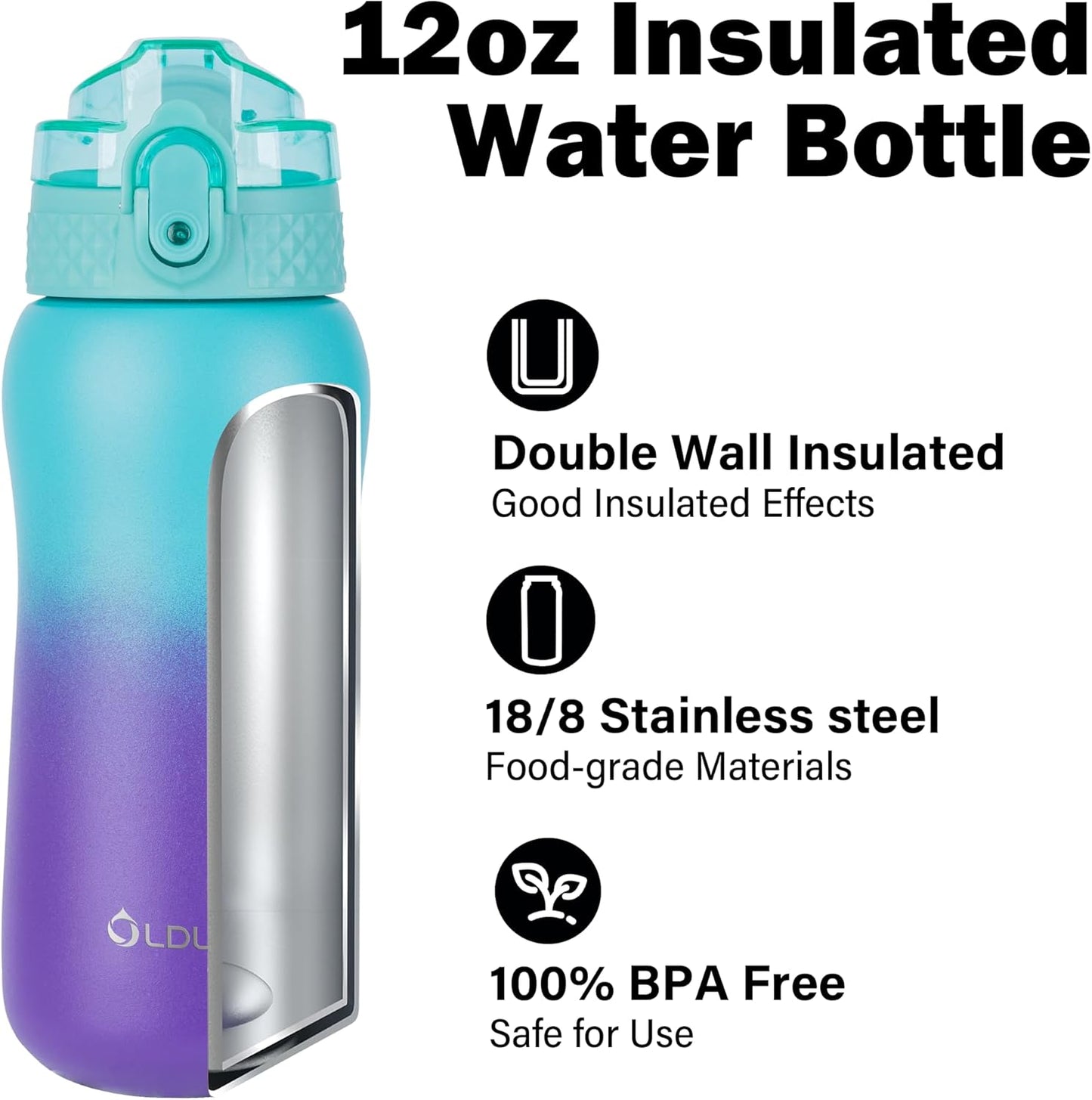Oldley Insulated Water Bottle 20oz for Adults Kids Stainless Steel Water Bottles with Straw/Chug/Carabiner 3 Lids Fruit Strainer Double Wall Vacuum Wide Mouth BPA Free Leak-Proof for School Travel