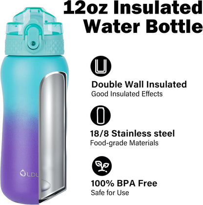 Oldley Insulated Water Bottle 20oz for Adults Kids Stainless Steel Water Bottles with Straw/Chug/Carabiner 3 Lids Fruit Strainer Double Wall Vacuum Wide Mouth BPA Free Leak-Proof for School Travel